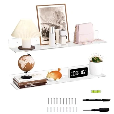 Image of Sezanrpt 30 Inches Clear Long Floating Shelves for Wall, Acrylic Wall Shelf Plants, Radio, Funko Pop, Books, Picture Frame, Clock, Cosmetics, Toiletries, 2 Pack(30 Inch)