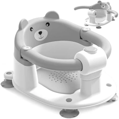 Image of EzyWay Baby Bath Seat for Babies 6 Months &amp; Up, Toddler Seats Sitting Non Slip Infant Tub Chair with 4 Suction Cups Soft Cushion Shower (Grey)