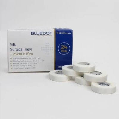 Image of Blue Dot Hypoallergenic Silk Surgical Tape 24 Rolls, 10 Meter Length x 1.25 cm Width