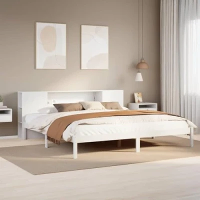 Image of vidaXL Solid Wood Pine Bookcase Bed 200x200cm Storage Bed, White Finish Assembly Required, Optimized Support
