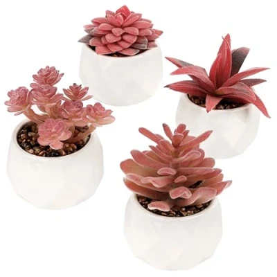 Image of BELLE VOUS Pack of 4 Pink Artificial Succulent Plants in Pots Decorative Faux Potted Flowers Realistic Mini Fake Ceramic for Home, Office, Table/Desk, Bedroom, or Bathroom Decor