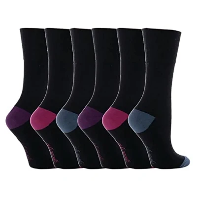 Image of 6 Pairs Ladies Sock Shop Gentle Grip Contrast Heel and Toe Socks with honeycomb top, Size 4 8 (Black)