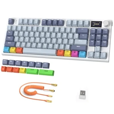 Image of RK86 Mechanical Keyboard, 2.4G Wireless/BT5.0/USB C Wired Gaming Keyboard 75% Layout TKL 87 Key with 1.2&#039;&#039; TFT HD Color Display &amp; CNC Knob, 27 RGB Backlit TTC Hot Swap Linear Switch PBT Keycap Blue
