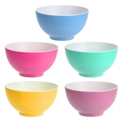 Image of Excellent Houseware Coloured Cereal Bowls Plastic Set of 5 Kids Stackable for Breakfast, Oatmeal, Pasta, Salads, Museli, Dessert, Snacks, Deep Soup Childrens, 600ml