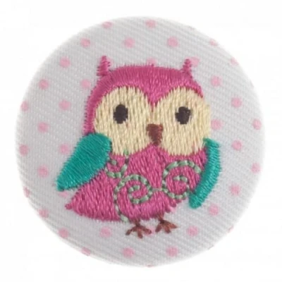 Image of Impex Woodland Embroidered Owl Fabric Covered Buttons Pink per Button