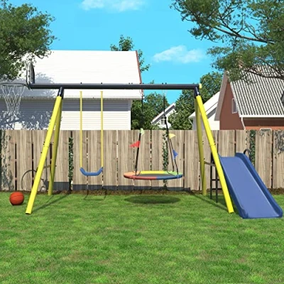 Image of ModernLuxe Kids Swing Set with Metal Frame, Nest Tree Swing, Single Basketball Hoop, and Slide Perfect Backyard Playground Toy for Children Over 3 Years Old Yellow