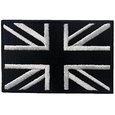 Image of 1 Pc British Union Flag Patch Embroidered Morale Applique Fastener Hook &amp; Loop UK Emblem, White Black
