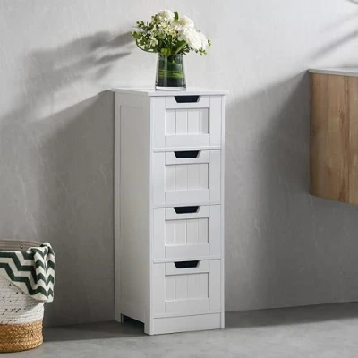 Image of Bath Vida 4 Drawer Floor Standing Cabinet Unit Bathroom Storage, Wood, White