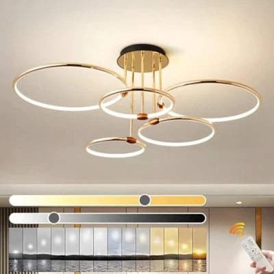 Image of YYUTLUO LED Ceiling Light, Ø93cm Gold Metal Circle Chandelier, 108W Stepless Dimmable 3000 6000K, Modern Round Electroplate Pendant, Bedroom Living Children Office Study Kitchen Hallway(5 Ring)