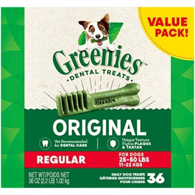 Image of Greenies Original Regular Natural Dog Dental Care Chews Oral Health Treats, 36 oz. Pack (36 Treats)