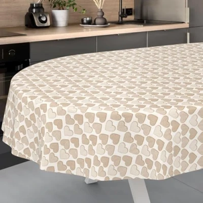 Image of ANRO Oilcloth Tablecloth, Washable, Oilcloth, Garden Outdoor, Indoor, Oval, 200 x 140 cm, Cut Edge, Heart, Beige