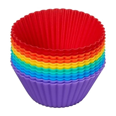 Image of Chef Aid Pack of 12 Silicone in Rainbow Colour Cupcake Cases, Oven Safe, Reusable, Easy Release, Dishwasher Safe