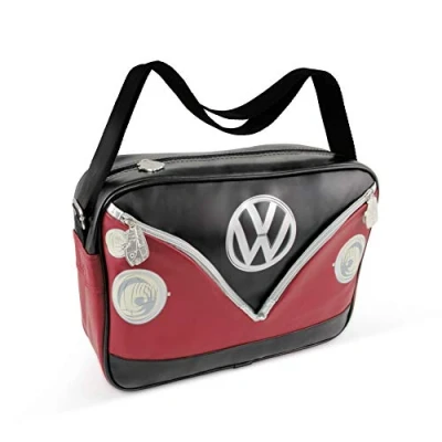 Image of BRISA VW Collection Volkswagen Shoulder Travel Messenger Bag with T1 Bus Campervan Motif (Bus Front/Black)