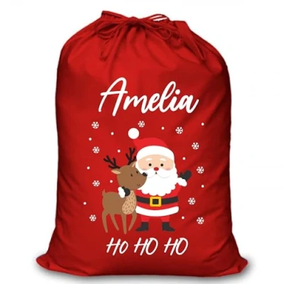 Image of Personalised Christmas Sack Santa Reindeer Red Custom Name Gift Bag for Kids &amp; Adults Festive Large Reusable Holiday Present (Santa HoHoHo)