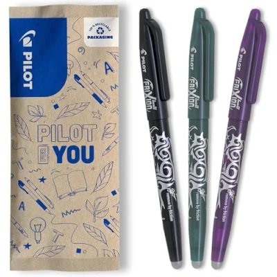 Image of PILOT Set of 3 FriXion Ball 07 Erasable Thermosensitive Ink Pen Refillable Roller Black, Green, Purple Medium Tip