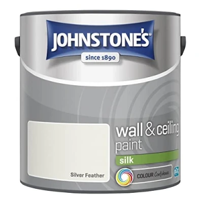 Image of Johnstone&#039;s Wall &amp; Ceiling Paint Silver Feather Silk Finish Emulsion Fantastic Coverage Easy to Apply Dry in 1 2 Hours 12m2 per Litre 2.5L