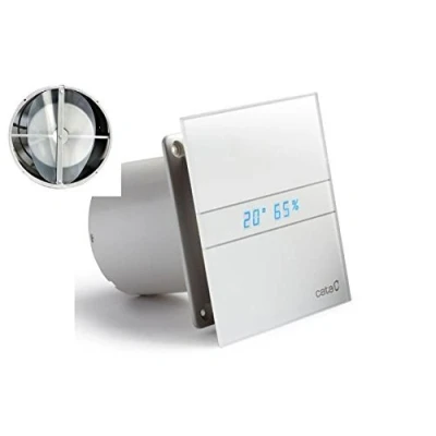 Image of Cata E 120 GTH fan, with timer, moisture control, hydrosensor, LED display, check valve, ball bearing, frosted glass front, energy saving, eco, quiet, modern