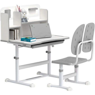 Image of AIYAPLAY Kids Desk and Chair Set, Height Adjustable Children School Study Desk, Student Writing with Tiltable Desktop Drawer, Pen Slot, Reading Rack for Ages 3 13 Years, Grey
