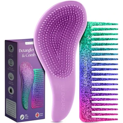 Image of Lily England Detangle Hair Brush &amp; Wide Tooth Comb Set Lightweight Detangler for Women, Kids Toddlers with Flexible Bristles Detangling Hairbrush Kit All Types, Purple