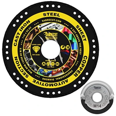 Image of SabreCut VB115MEGRB 115mm (4.5&quot;) x 22.23mm Bore Vacuum Brazed Metal Cutting Angle Grinder Diamond Disc Blade &amp; 45mm M14 Quick Change Heavy Duty Locking Retaining Flange Nut Kit