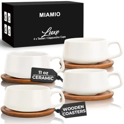 Image of MIAMIO 320 ml, Set of 4 Ceramic Tea Cup and Saucer Bamboo/Tea Mug Wide Cappuccino Cup, Coffee Cups for Cappuccino, Latte, Espresso &amp; Americano Luxe Collection (White)
