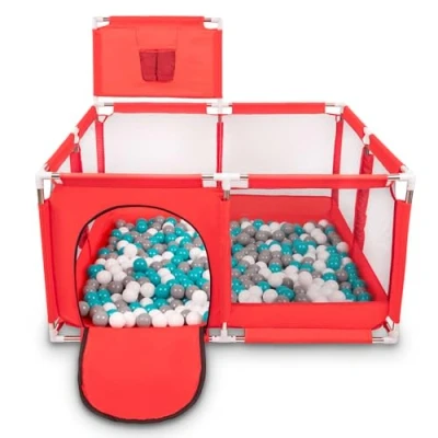 Image of Selonis Square Play Pen Filed with 400 Balls Basketball, Red:Grey/White/Turquoise