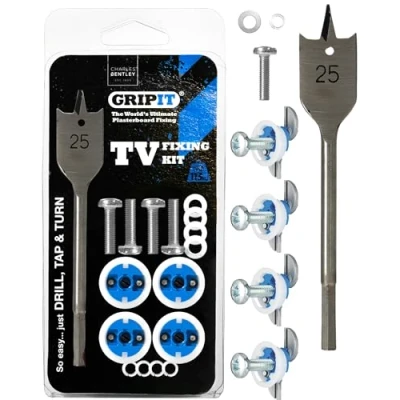 Image of Gripit Blue TV Kit Pack of 4 Heavy Duty Plasterboard Fixings For Drywall &amp; Stud Walls, Holds Up to 113kg Mounting TVs, Kitchen Cupboards Boilers Easy Install UK Designed