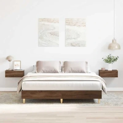 Image of vidaXL king size bed frame brown oak engineered wood slatted design 150x200 cm bedroom furniture