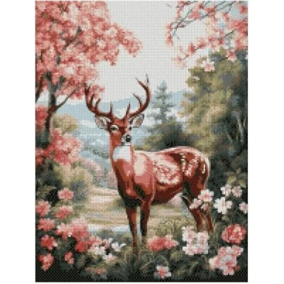 Image of Deer in Flowers,Egyptian Cotton Counted Cross Stitch Kits,100% Cotton,150x200stitch,26x36 cm kit