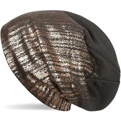 Image of styleBREAKER Warm fine Knit Beanie with Metallic Print and Fleece Lining, Slouch Long Beanie, Unisex 04024132, Colour:Dark Gray/Rose Gold