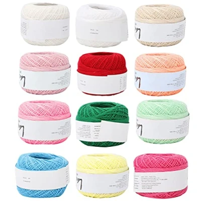 Image of Lace Line Cotton Crochet Yarn Hand Crocheted for DIY Summer Silk Light Thin (with a Crochet) Scarf Sock Cup Mat(12 Colors Set)