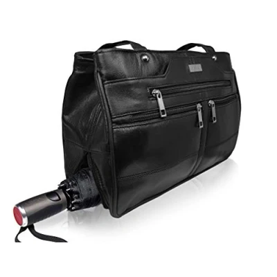 Image of Quenchy London Leather Handbag, Ladies Designer Shoulder Bag with 9 Pockets inc Umbrella Compartment, 3 Large Main Sections 2 Top Handles Medium Size QL172CH Black Cowhide