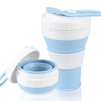 Image of AniSqui Collapsible Coffee Cup Silicone [Cup Mouth with Thread], (16oz 450ml, BPA Free Eco Reusable Cup), Portable Lids, Foldable Mugs (Gray)