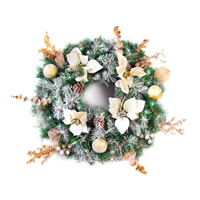 Image of Best Artificial Frosted Cream Gold Decorated Christmas Wreath with 30 Bright White LED Waterproof Battery Lights (60cm Wreath)