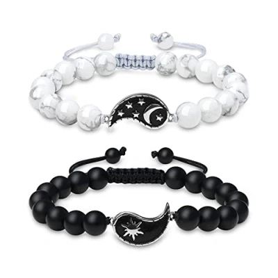 Image of COAI Yin Yang My Sun and Stars Moon of Life Howlite Onyx Stone Matching Couples Bracelets