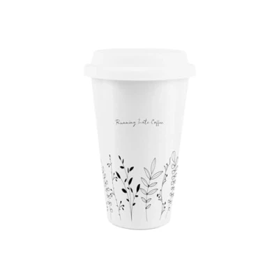 Image of Running Late Coffee Ceramic Travel Mug Foliage Pattern Reusable Silicone Lid Double Walled Insulated Hot/Cold Drinks Tea Gift