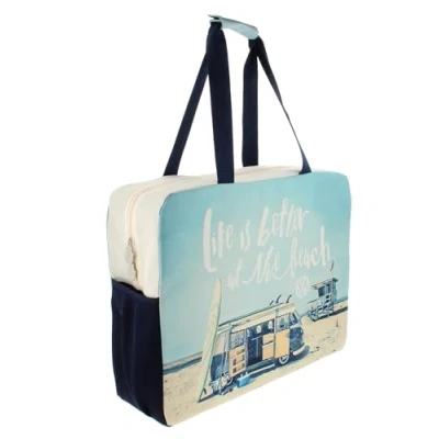 Image of BRISA VW Collection Volkswagen Large Shopping Bag, Shopper Beach Beachlife/Light Blue, 27 L, T1 Bus