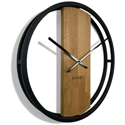 Image of FLEXISTYLE large wall clock LOFT 50cm wooden interior oak black metal for living room bedroom silent non ticking