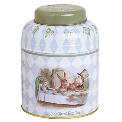 Image of New English Teas Alice in Wonderland Round Tea Caddy with 80 Breakfast Teabags