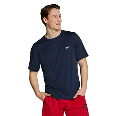 Image of Speedo Men&#039;s Short Sleeve Easy Rash Guard Swim Shirt with Uv and UPF 50+ Protection, Peacoat, Small