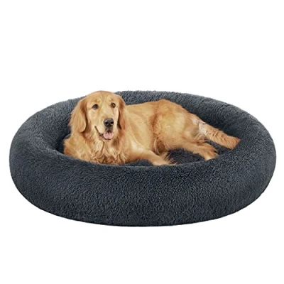 Image of Feandrea Dog Bed, Donut Cat Fluffy Calming Pet Bed with Removable, Washable Cover, Soft Long Plush, 120 cm, Dark Grey, PGW043G02