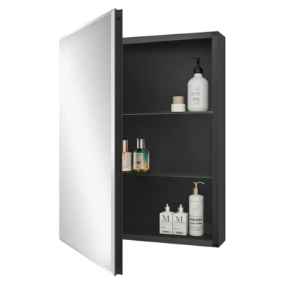 Image of Fundin Bathroom Mirror Cabinet 50.8 x 66 CM Recessed or Surface Mount, Black Aluminum Wall with and Adjustable Shelves.