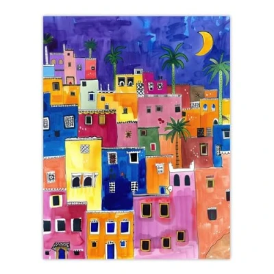 Image of Artery8 Colourful Moroccan Cityscape At Night Watercolour Living Room Large Wall Art Poster Print Thick Paper 18X24 Inch