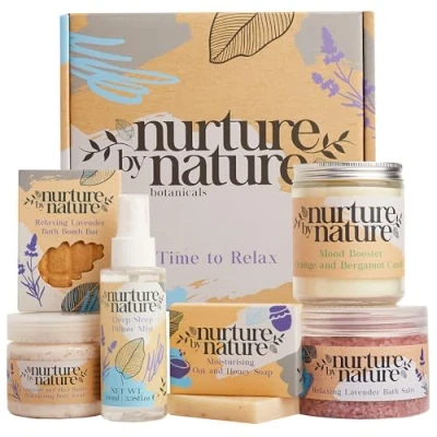 Image of Nurture by Nature RELAX &amp; CALM Pamper Gifts for Women Set Lavender Pillow Mist, Bath Salts, Bomb, Candle More Relaxation Sets