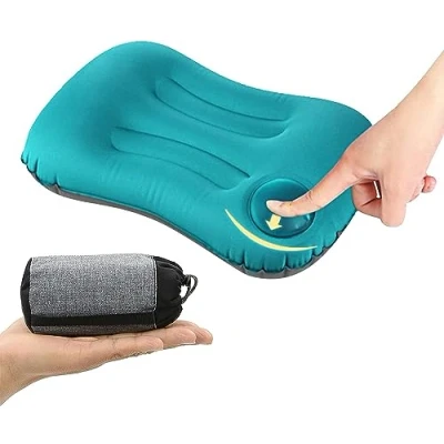 Image of Ultralight Inflating Pillow,Camping &amp;Beach Travel Pillow,Press to Inflate Folding Pillow,Ergonomic for Neck &amp; Lumbar Support,Blue