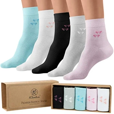 Image of Klenton Ladies Bamboo socks, Womens breathable Socks with Smooth Toe Seams, Soft Top Planet Friendly gift box Size 4 8, Pack of 5 (Black, Grey, Blue, Pink, White)