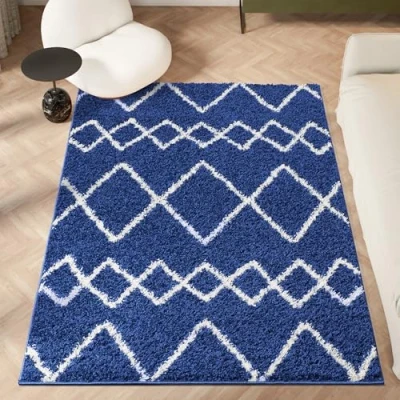 Image of homeart Area Rug Super Soft Geometric Shaggy Rugs For The Living Rooms, Bedrooms And Kitchen Modern, Easy To Clean Carpet(Herringbone Navy 80x150 cm)
