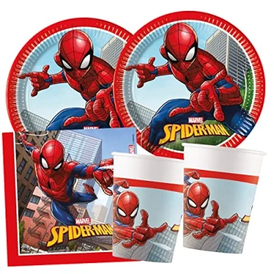Image of Procos S Spider Man Crime Fighter Party Set, 52 Piece 16 Plates, Cups, 20 Napkins, Disposable Tableware, Table Decoration