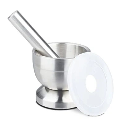 Image of Relaxdays mortar &amp; pestle, stainless steel, lid, spice crusher, herb grinder, skid proof, 10cm diameter, 200 ml, silver
