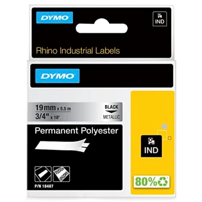 Image of DYMO Rhino Industrial Permanent Polyester Labels 19 mm x 5.5 m Black Print on Metallic Self Adhesive for &amp; LabelManager Label Makers